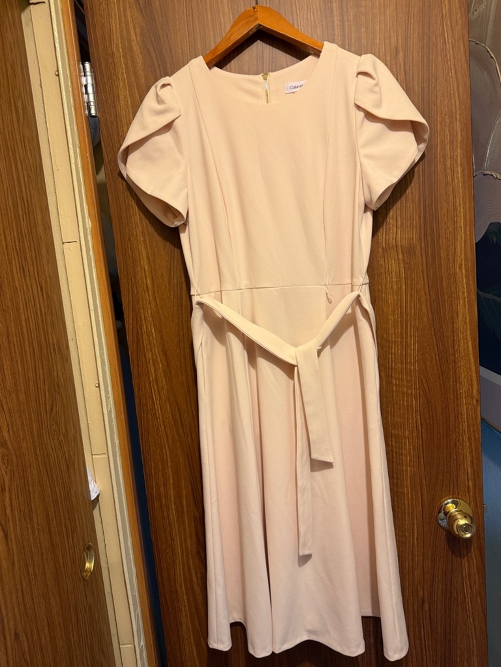 Calvin Klein Blush Puff-Sleeve Midi Dress with Waist Tie